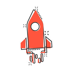 Rocket icon in comic style. Spaceship launch cartoon vector illustration on white isolated background. Sputnik splash effect business concept.