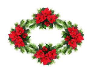 Christmas red poinsettia flowers and spruce branches in a festive frame isolated on white