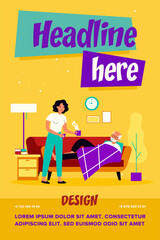 Obraz premium Woman taking care about senior man with flu. Adult daughter giving hot drink to old father flat vector illustration. Family, flu, illness concept for banner, website design or landing web page