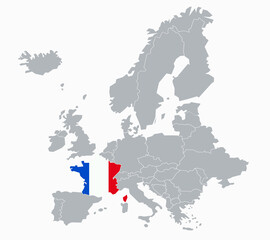 Map of Europe showing the territory of France highlighted by a flag