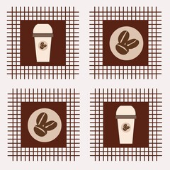 Plastic coffee cup and coffee beans on a grid on a white background