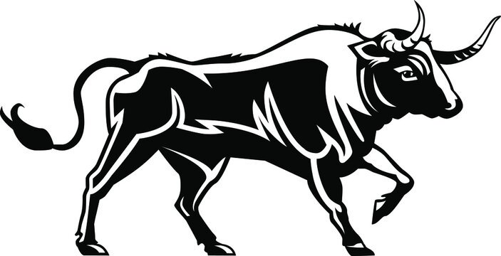 Bull, symbol Chinese horoscope, black and white image, vector.