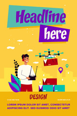 Cheerful delivery manager controlling drone carrying box. Man using remote control device, operating quadcopter, distributing parcel. For courier service, mobile transport, shipping concept
