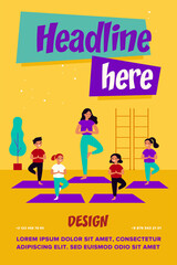 Smiling kids exercising in yoga class isolated flat vector illustration. Cartoon children doing exercises with instructor in gym. Healthy lifestyle and sport concept