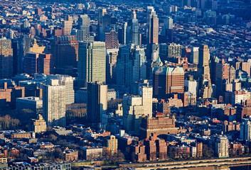 Aerial view of skyline and skyscrapers in Brooklyn at sunset