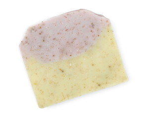 Organic handmade herbal plant soap bar isolated on white background, top view