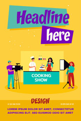 Happy chefs cooking cake for TV show. Apron, food, dessert flat vector illustration. Meal preparation and television concept for banner, website design or landing web page