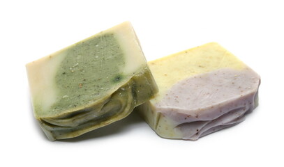 Organic handmade herbal plant soap bars isolated on white background