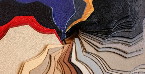 Samples of natural, textured, multi-colored leather. Top view. Industry fabric banner. Copy space.	