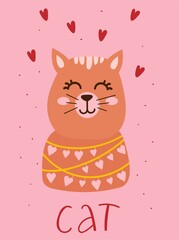 Valentines day card with cute funny cat with hearts around. Hand drawn vector illustration. Scandinavian style flat design. Concept for children holiday print.