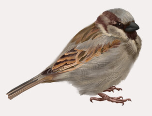 Digital set with cute sparrow bird. White background.