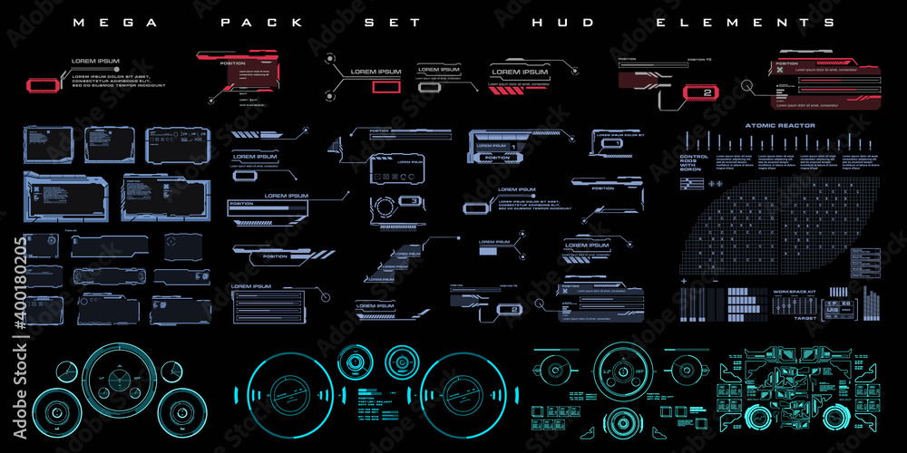 Poster mega pack set hud elements in cyber style. techno frames, callouts, information blocks, robotics ele