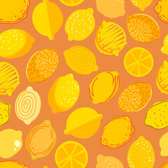 Fototapeta premium Lemon seamless pattern vector illustration. Summer design repeated textile with citrus fruits. Wallpaper printing background for boys and girls.
