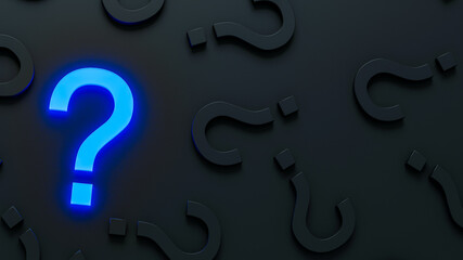 Blue glowing question mark on a background black and grey signs. 3D Rendering