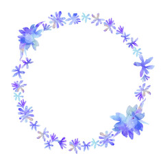 Obraz na płótnie Canvas Round wreath of blue watercolor flowers on white background
