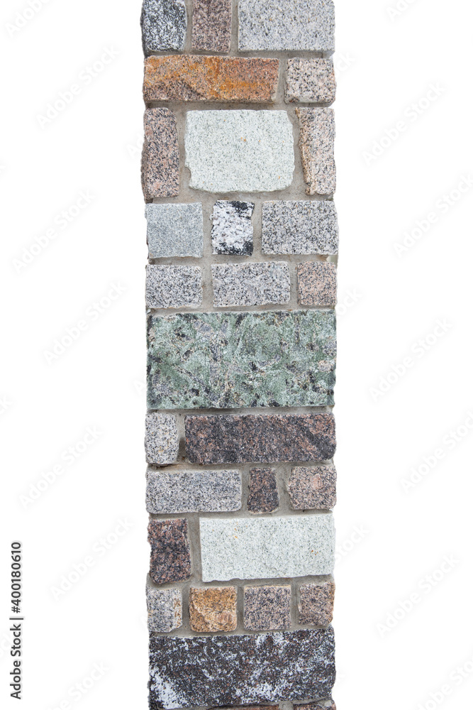 Poster stone pillar of multicolored bricks isolated on a white background