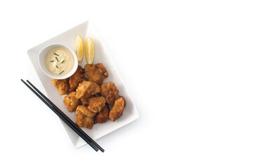 Spicy chicken karaage isolated on white background.Top view