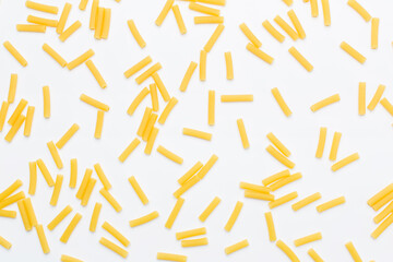 Many raw tortiglioni pasta in studio