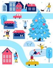 Town Square. People are enjoying Christmas and New Year. In the center, there is a New Year's fair, a Christmas tree, and an ice skating rink. Vector illustration
