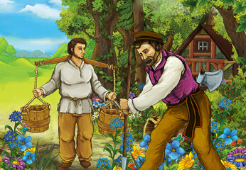 Obraz na płótnie Canvas cartoon scene farmer in forest house illustration