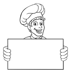 A chef cook or baker holding a sign board with copyspace cartoon