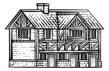 Fototapeta An old medieval house, row of houses or inn building drawing or map design element in a vintage engraved woodcut style obraz