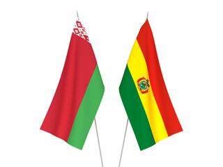 National fabric flags of Belarus and Bolivia isolated on white background. 3d rendering illustration.