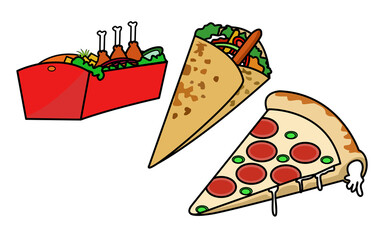three types of fast food. pizza, kebabs, fried chicken