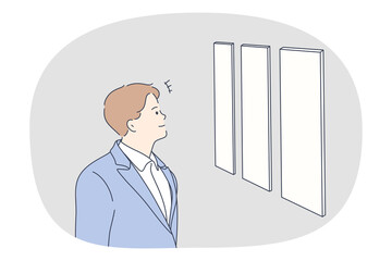 Art museum, gallery, exhibition concept. Young man cartoon character visiting exhibitions and looking at artworks paintings on wall illustration. Cultural education, development, modern arts 