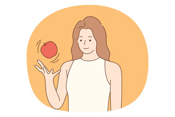 Healthy food, clean eating, vegetarian diet concept. Young positive woman standing and playing with fresh red apple in hand. Wellness, bodycare, healthy lifestyle illustration