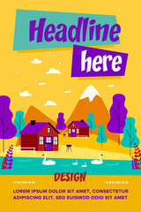 Small cottages or houses in mountains. Backyard, summer, weekend flat vector illustration. Nature and vacation concept for banner, website design or landing web page