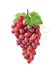 A large bunch of red grape with green leaves isolated on white background.