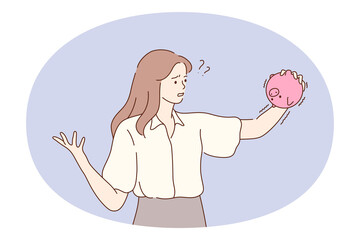 Saving money, piggybank, financial loss concept. Young frustrated woman cartoon character standing with empty pink piggybank and feeling lack if understanding for money loss. Collecting money