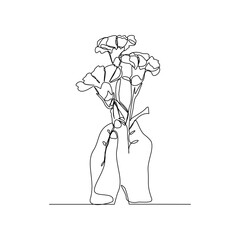 Continuous line drawing of a hand holding bouquet flower. Hand's woman with a flower isolated on white background. Give a sign of love for someone. Minimalism style. Vector sketch illustration © MuhammadZulfan