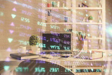 Double exposure of financial graph drawing and office interior background. Concept of stock market.