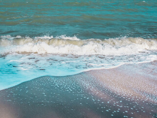 Beautiful sea waves, coast view from tropical sand beach, summer vacation travel and holiday destination scene.