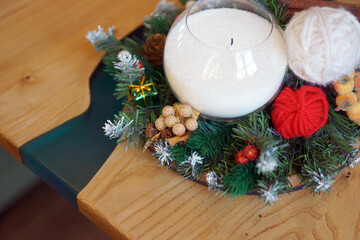 Christmas composition on a table made of wood and epoxy resin