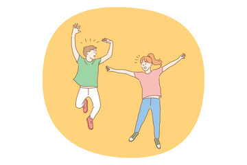 Jumping children, childhood, fun concept. Happy boy and girl brother sister kids or friends jumping together and having fun. Summertime fun leisure activity at weekend holiday illustration