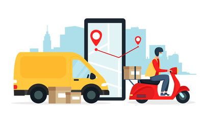 Fototapeta premium The concept of safe delivery, by the same car, red scooter, moped, motorcycle. Vector illustration in flat style