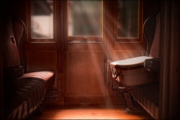 Interior de un vagón de tren antiguo en la que es posible ver una maleta sobre un asiento y unos...