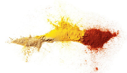 Ginger, red paprika, turmeric (Curcuma) powder pile mix isolated on white background, top view