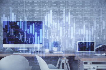 Multi exposure of financial graph drawing and office interior background. Concept of market analysis.