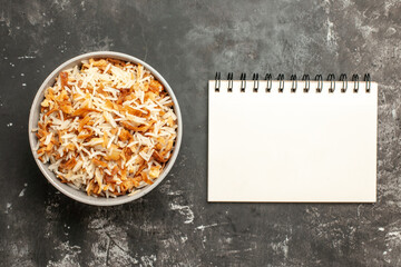 top view cooked rice inside plate on a dark background dish east meal food dark