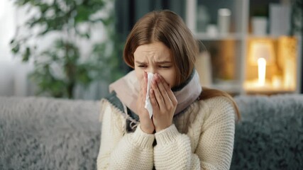 Young woman sitting on couch in warm scarf and blowing nose in napkin. Sick person with brown hair staying at home with high fever and flu. - Powered by Adobe