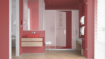 Minimalist bathroom in red tones with sink, large shower with glass cabin, heated tower rail with towels, herringbone parquet, window with venetian blinds, interior design concept