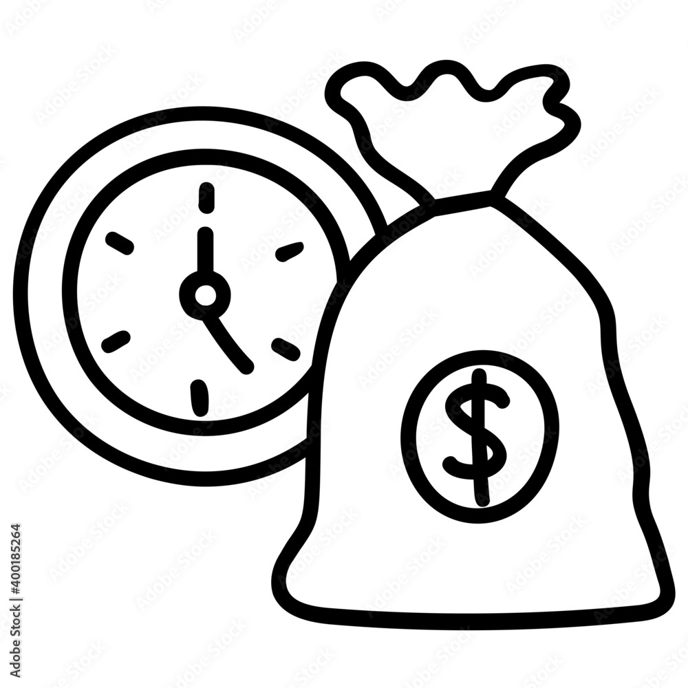 Wall mural clock with a money bag, time is a money icon.