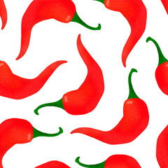 Vector graphics with fruits of cayenne peppers. Seamless pattern with hot chili peppers. Design element for condiments or sauces. Repeating texture with a spicy seasoning.