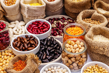 Assorted different types of beans and cereals grains