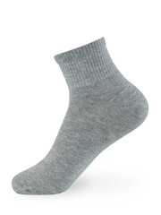 Isolated gray sock on invisible mannequin foot on white background, side view
