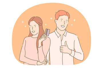 Online payment, electronic transaction concept. Young couple cartoon characters standing showing credit card and thumbs up sign with fingers. Financial wellbeing, purchase, online shopping 